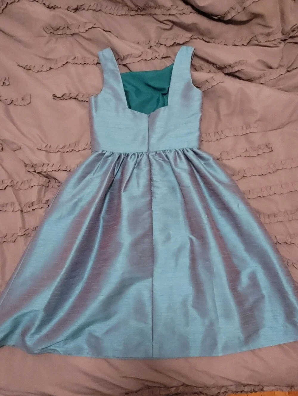 ALFRED SUNG Iridescent Teal Satin Fit-and-Flare Dress - Picture 4 of 5
